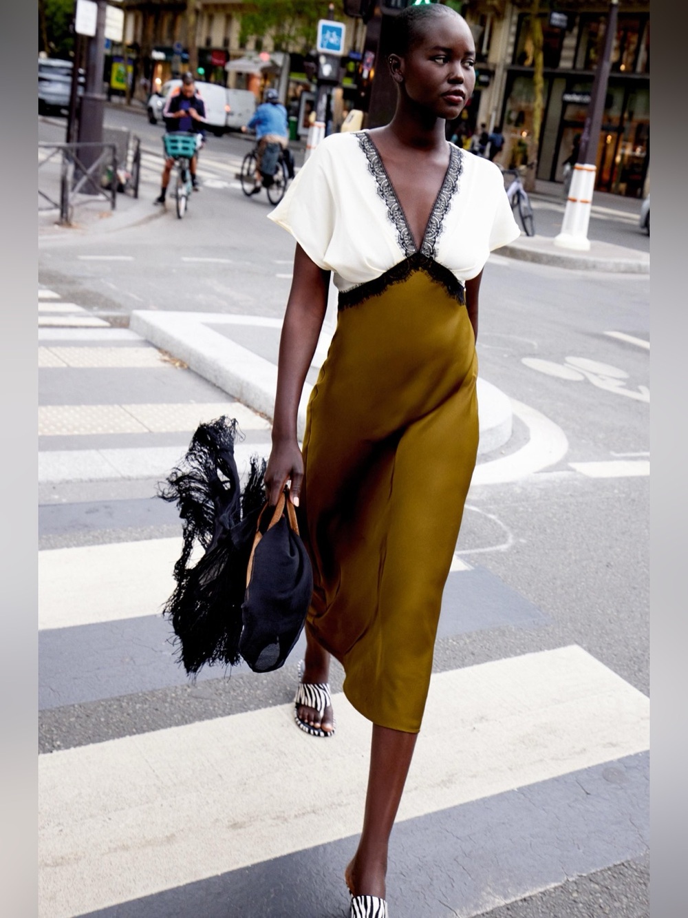 NWT. Zara Ecru/Khaki Satin Effect Midi Dress with Lace/Contrasting Trim. Size S. - Picture 2 of 12